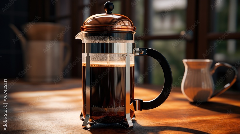 classic French press coffee maker, emphasizing its glass and metal components generative ai - obrazy, fototapety, plakaty 