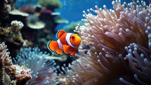 Highly detailed illustration of a clownfish swimming among vibrant coral reefs generative ai