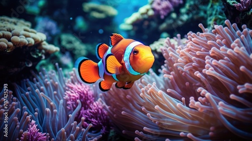 Highly detailed illustration of a clownfish swimming among vibrant coral reefs generative ai © Francheska