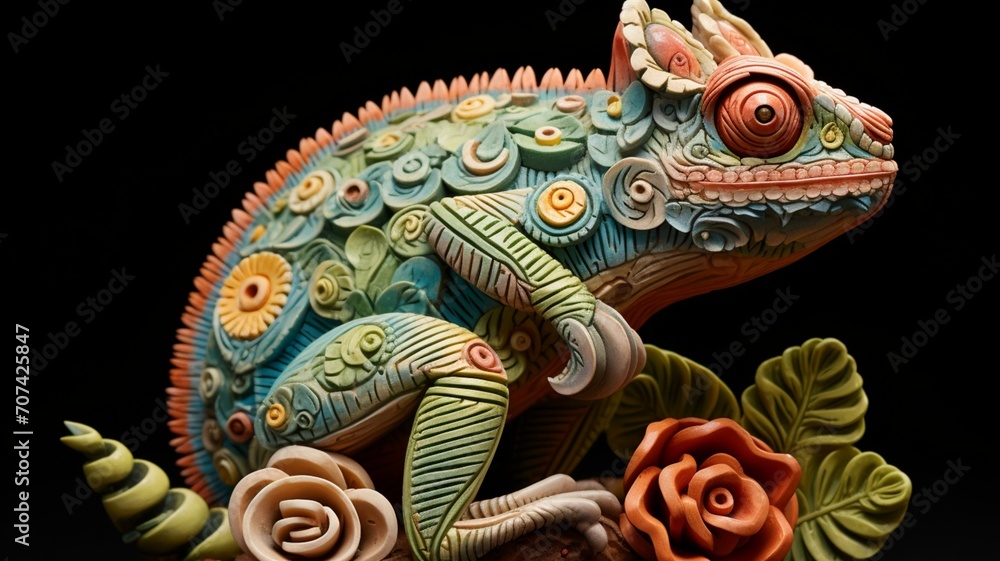 Camouflaged chameleon perched on a vibrant flower, its intricate skin patterns matching the surrounding colors  -Generative Ai
