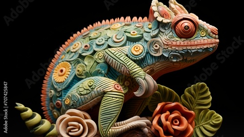 Camouflaged chameleon perched on a vibrant flower  its intricate skin patterns matching the surrounding colors  -Generative Ai 