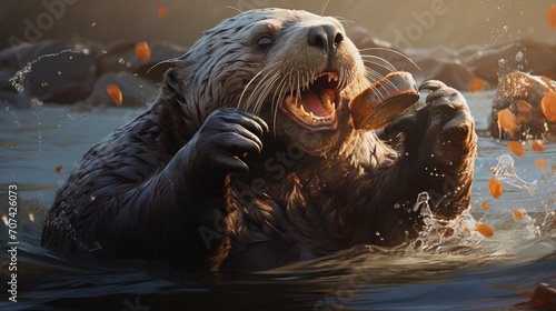 playful sea otter cracking open a shell for food generative ai