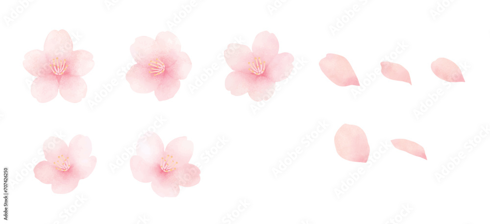 満開の桜の水彩イラストセット_かわいい春の花の背景_フレーム