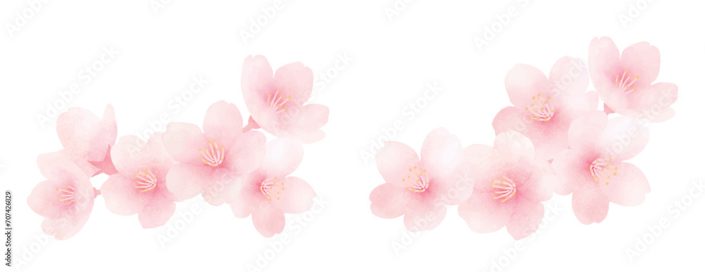 満開の桜の水彩イラストセット_かわいい春の花の背景_フレーム