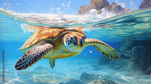 Intricate depiction of a sea turtle gliding gracefully through crystal-clear waters generative ai photo