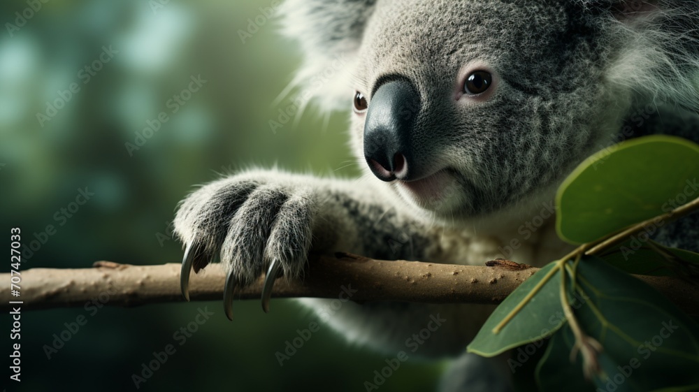 Fototapeta premium Close-up of a koala's paw gripping a eucalyptus branch, showcasing its fingerprints -Generative Ai 