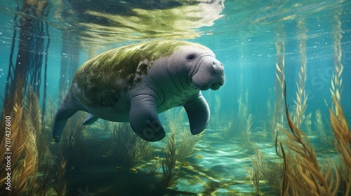 Intricate rendering of a serene manatee grazing on seagrass in a tranquil lagoon generative ai. photo