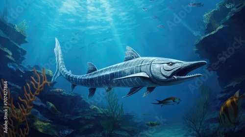 Intricate rendering of a sleek barracuda patrolling the edges of a coral reef generative ai © Francheska