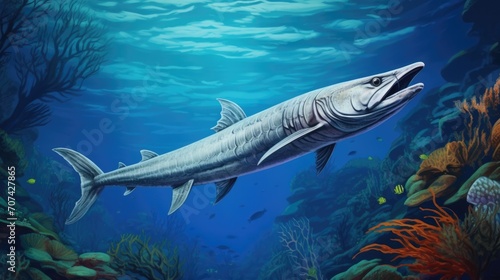 Intricate rendering of a sleek barracuda patrolling the edges of a coral reef generative ai