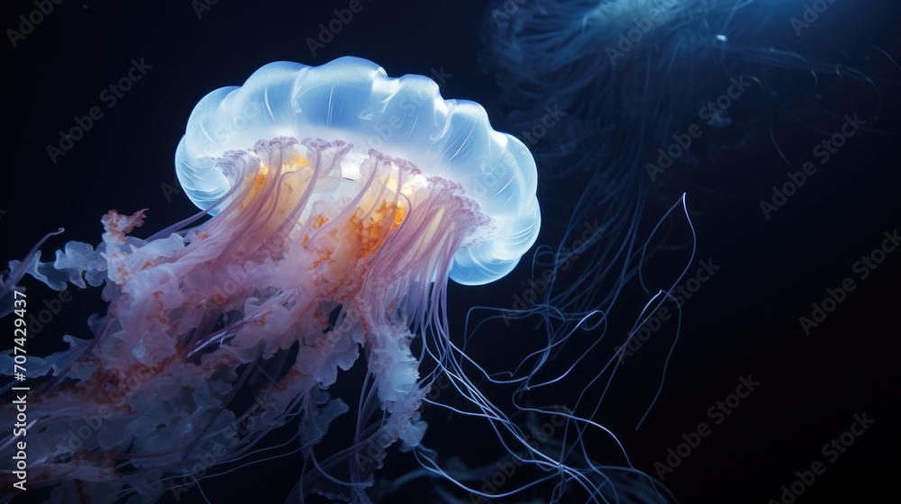 fascinating jellyfish pulsing in the dark depths. generative ai fascinating jellyfish pulsing in the dark depths. generative ai
