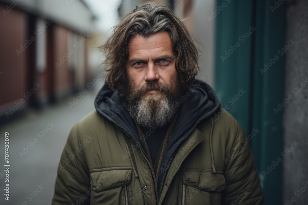 Portrait of a long-haired bearded man in a green jacket. Portrait of a long-haired bearded man in a green jacket.