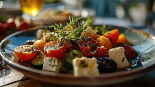 Delicious Greek salad with fresh vegetables and feta in Minsk. salads.