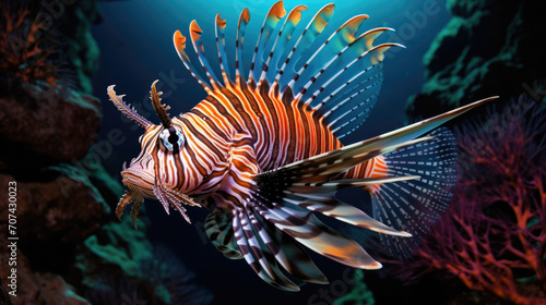 Lifelike close-up of a mesmerizing lionfish with its stunning striped fins generative ai