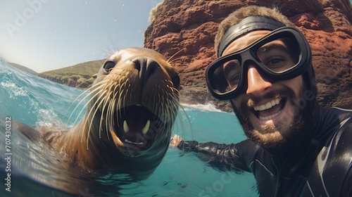 playful sea lion interacting with a delighted diver generative ai