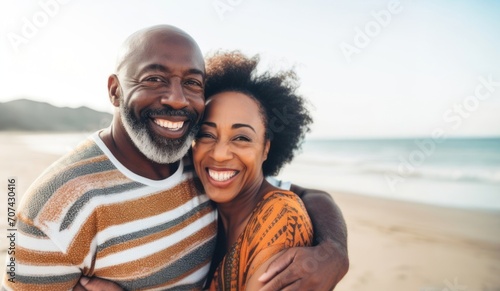 An African-American couple laughing together on the beach represents love, joy and friendship in their golden years. The concept is Joyful aging, eternal love