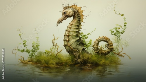 Realistic illustration of a regal seahorse clinging to a piece of floating seaweed generative ai