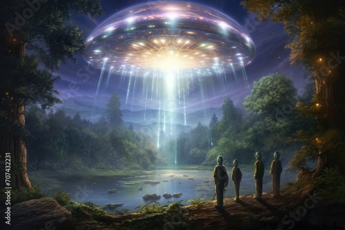 an unidentified flying object with a bright light hovered over a lake in the forest, UFO concept