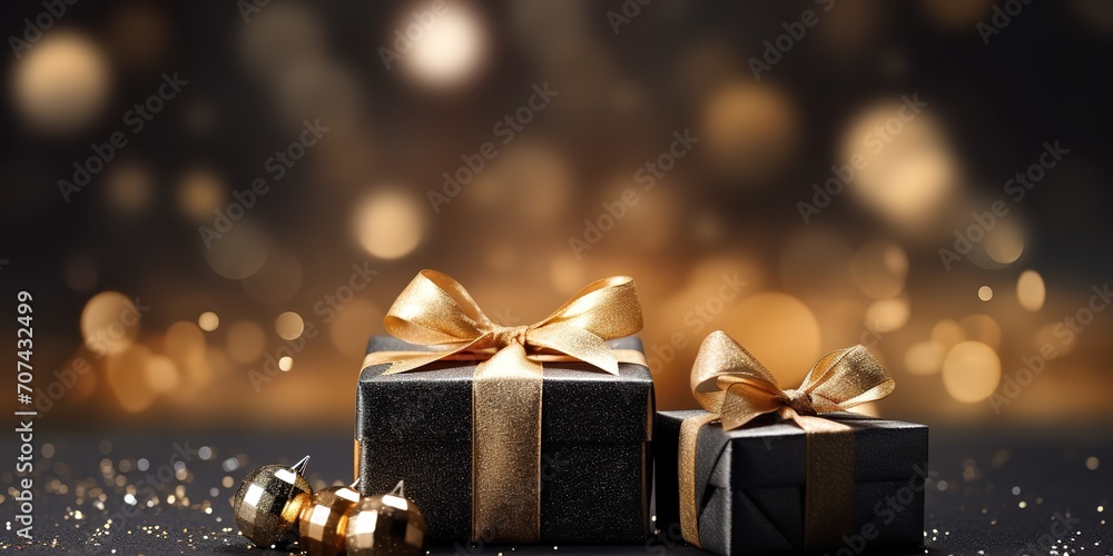 A pile of black gifts decorated with a gold ribbon on a black background and a bokeh light effect behind it. generative AI A pile of black gifts decorated with a gold ribbon on a black background and a bokeh light effect behind it. generative AI