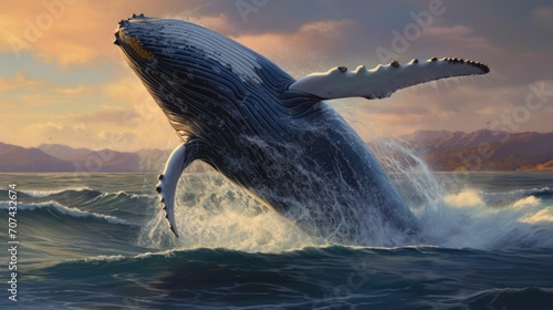 Realistic portrayal of a majestic humpback whale breaching the ocean's surface generative ai