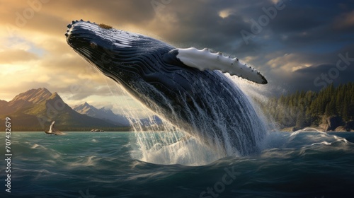 Realistic portrayal of a majestic humpback whale breaching the ocean's surface generative ai © Francheska