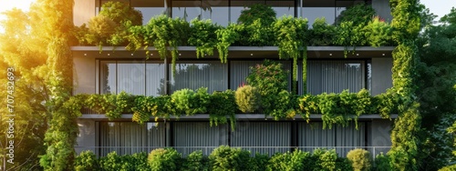 a modern glass building with a lot of green plants trees and bushes for the futuristic business architecture environment. ecology co2 footprint reduction. web design banner wide 8:3 panorama