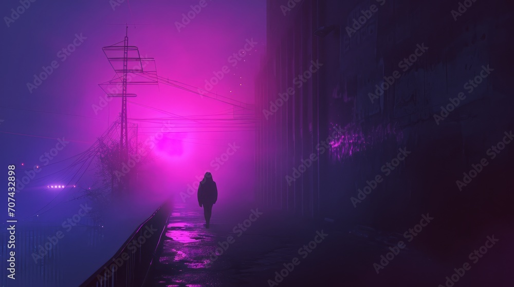 Naklejka premium a young man person walks in alley a synthwave sci-fi cyberpunk futuristic city with skyscrapers buildings in neon pink and purple colors. wallpaper background 16:9