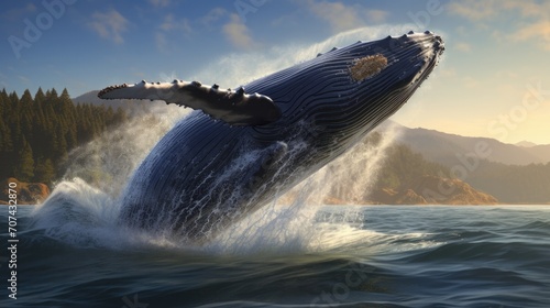 Realistic portrayal of a majestic humpback whale breaching the ocean's surface generative ai © Francheska