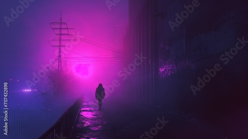 a young man person walks in alley a synthwave sci-fi cyberpunk futuristic city with skyscrapers buildings in neon pink and purple colors. wallpaper background 16:9