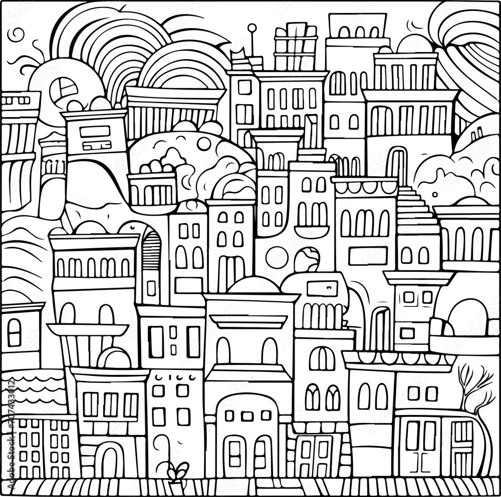 happy summer cityscape for your coloring book