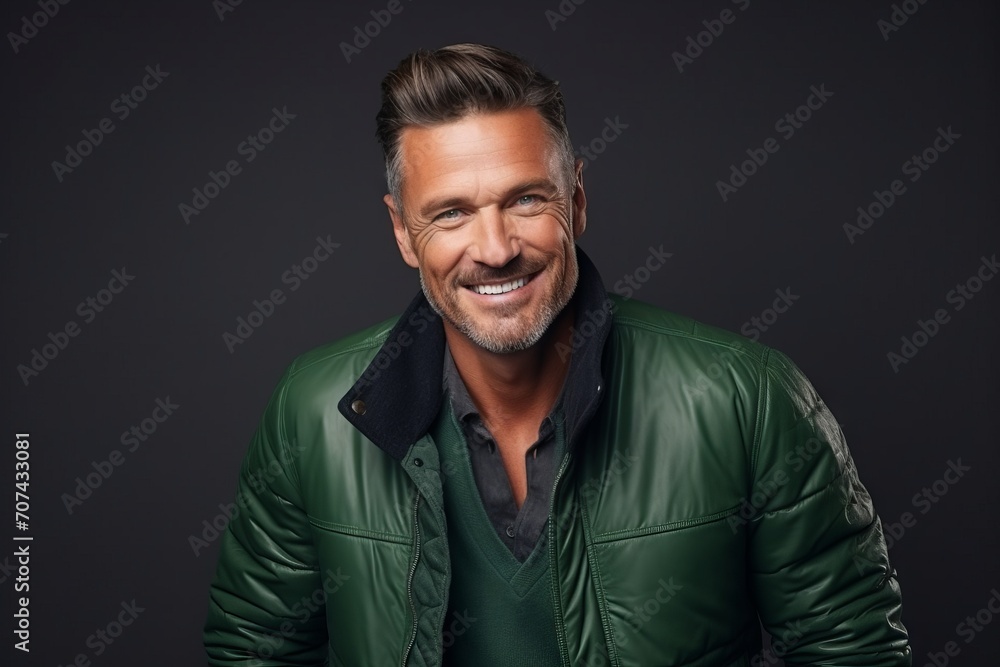 Portrait of a handsome mature man in a green leather jacket. Portrait of a handsome mature man in a green leather jacket.