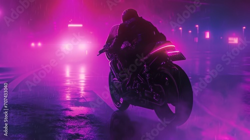 a motorcycle driving from behind on a road in a synthwave sci-fi cyberpunk futuristic city with skyscrapers buildings in neon pink and purple colors. wallpaper background 16:9 © SayLi