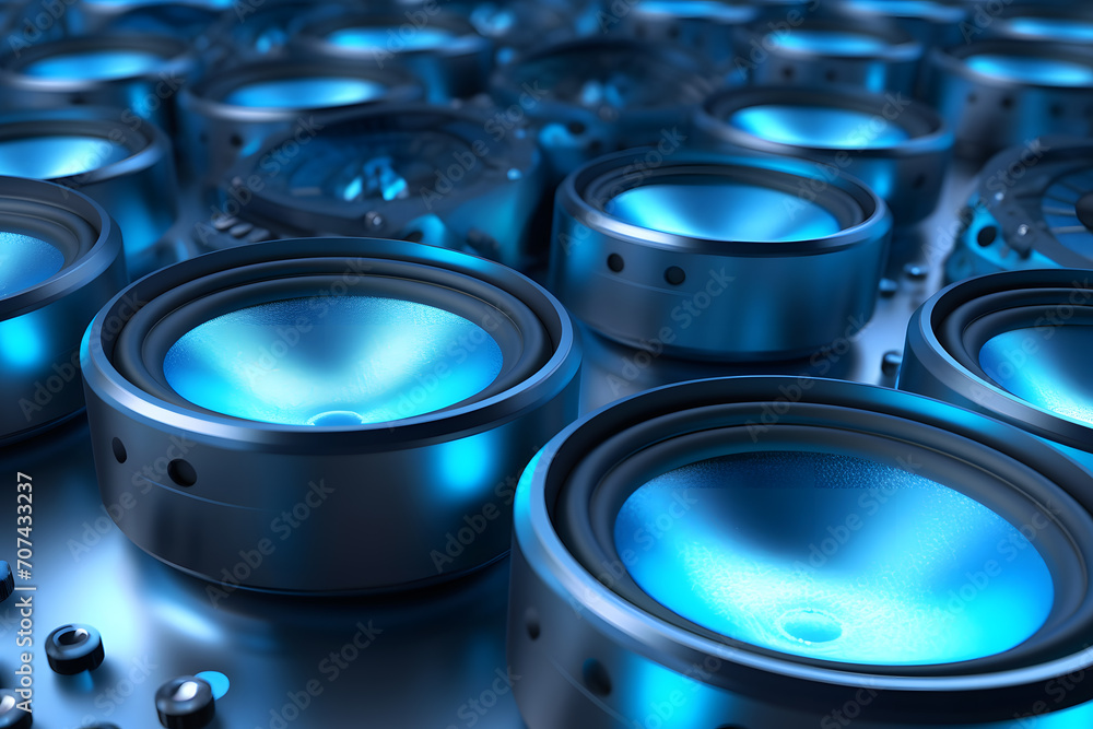 Speakers on the background of an abstract light. Neural network AI generated art Speakers on the background of an abstract light. Neural network AI generated art