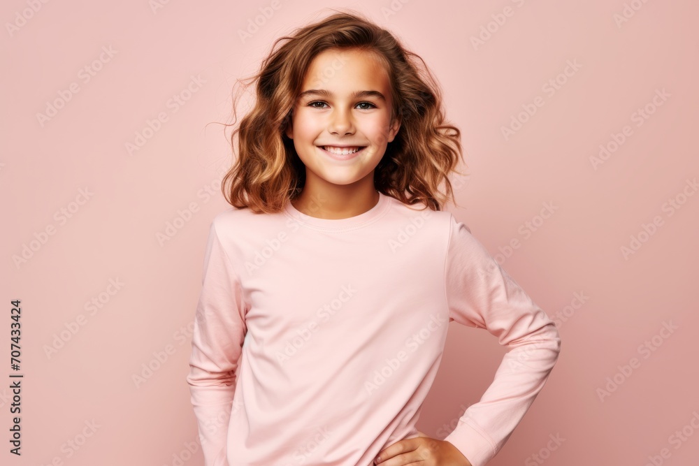 Portrait of a smiling little girl with long curly hair on a pink background. Portrait of a smiling little girl with long curly hair on a pink background.