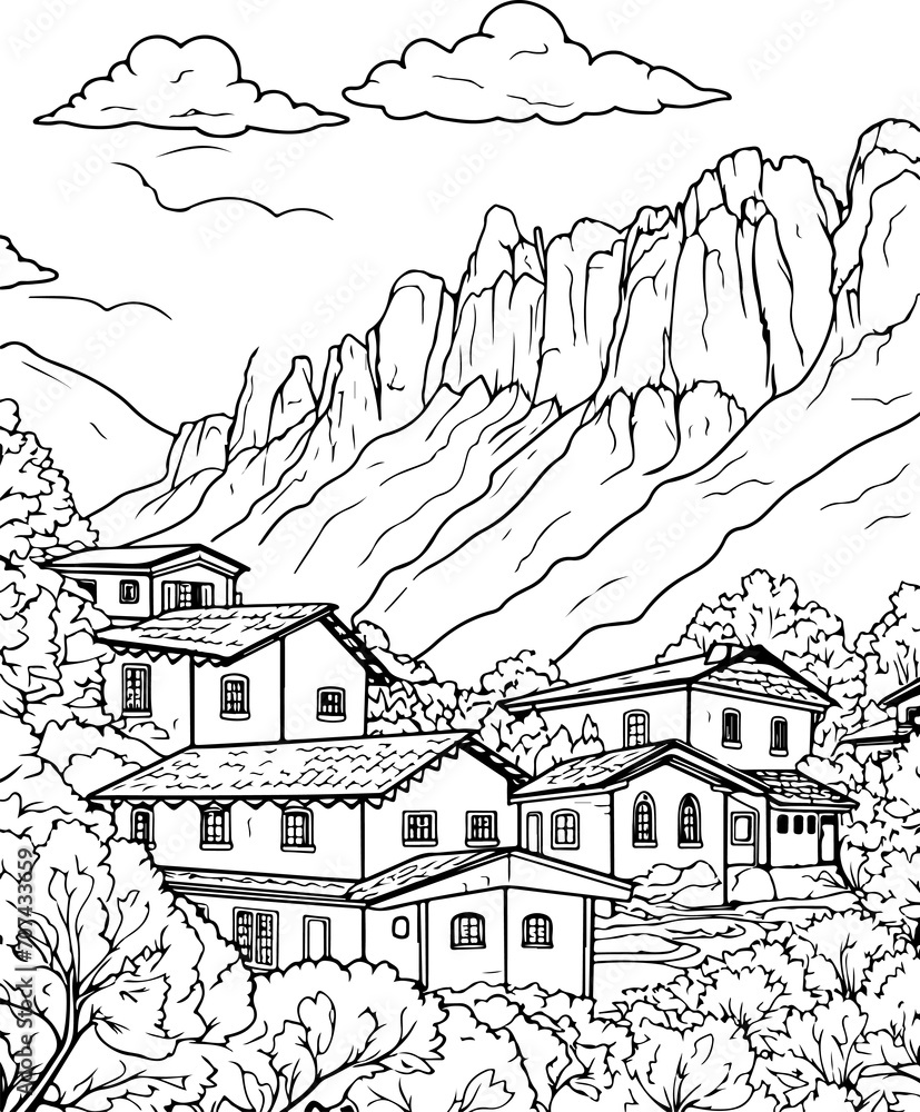 Coloring book landscape. Hand draw illustration with separate layers