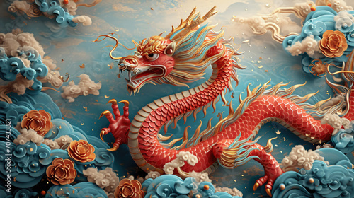 2024 Chinese new year, year of the dragon banner template design with dragons, clouds and flowers background. Chinese translation: Dragon