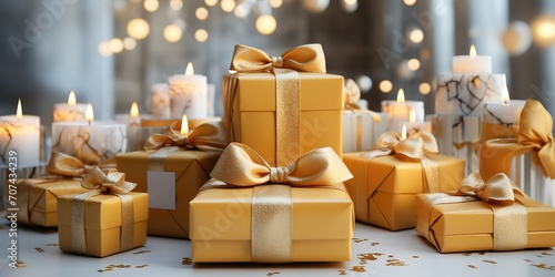 Stack of golden yellow gifts with golden ribbon decoration on gray background. generative AI © original logo