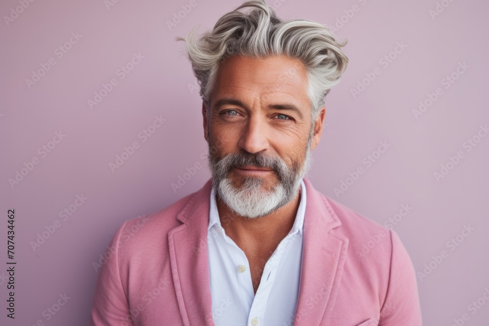 Handsome mature man with gray hair and beard is looking at camera and smiling while standing against purple background Handsome mature man with gray hair and beard is looking at camera and smiling while standing against purple background