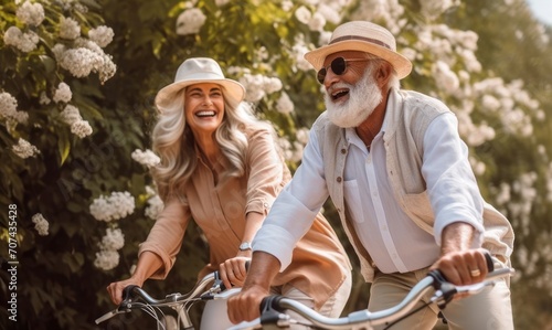 A senior couple cycles through a garden in full bloom, their shared smiles a symbol of the freedom and happiness found in active senior living.. Active Senior Living concept .