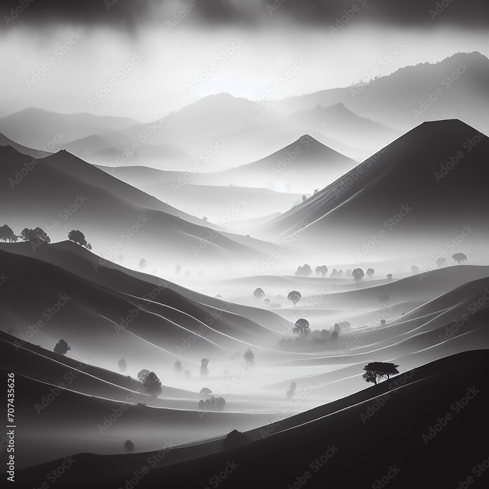 Black and white digital landscape featuring rolling foggy hills using ...