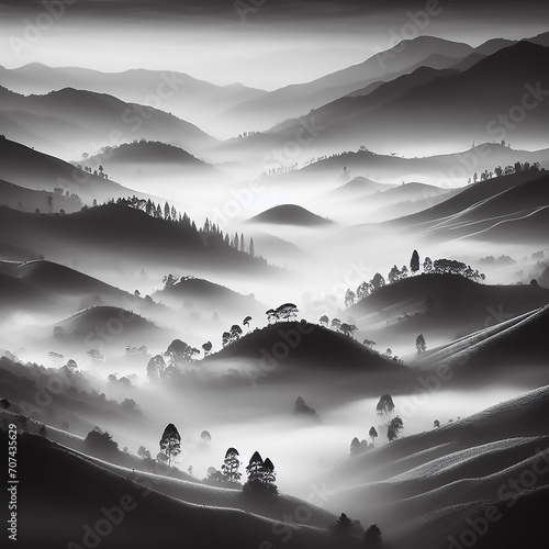 Black and white digital landscape featuring rolling foggy hills using only shades of monochrome to highlight light, shadows, and textures.