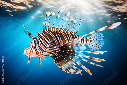 Red lionfish - one of the dangerous coral reef fish. Neural network AI generated art
