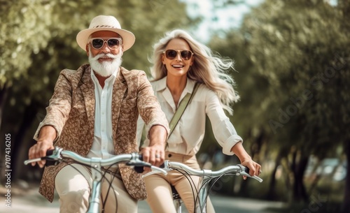 The mid age couple on bikes radiates joy amidst nature's bounty, showing that life's pleasures only get richer with age. Rich Pleasures of Life, Joyful Cycling concept . photo