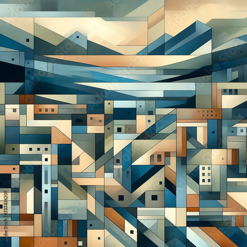 Digital cubist art painting depicting a landscape made of overlapping geometric planes and shapes in muted bluish hues reminiscent of works by Juan Gris photo