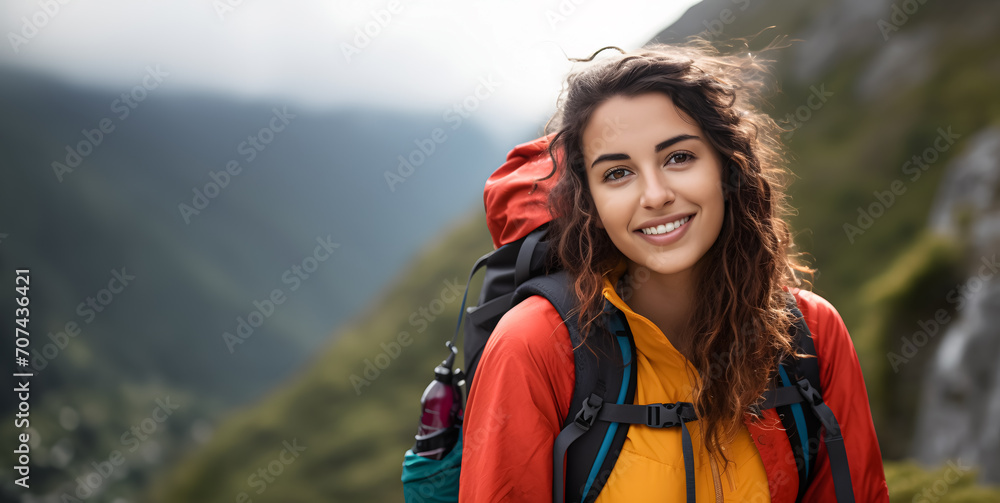 A woman with a bright smile and Latin features is climbing a mountain happily A woman with a bright smile and Latin features is climbing a mountain happily