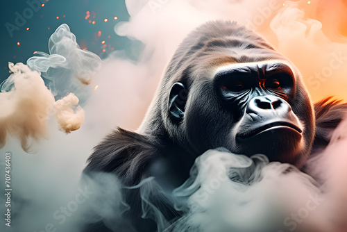 Gorilla with a creative animal concept. A figure surrounded by whirlwind smoke. Expressed in dynamic composition and dramatic lighting. Suitable for surrealist advertising generative ai