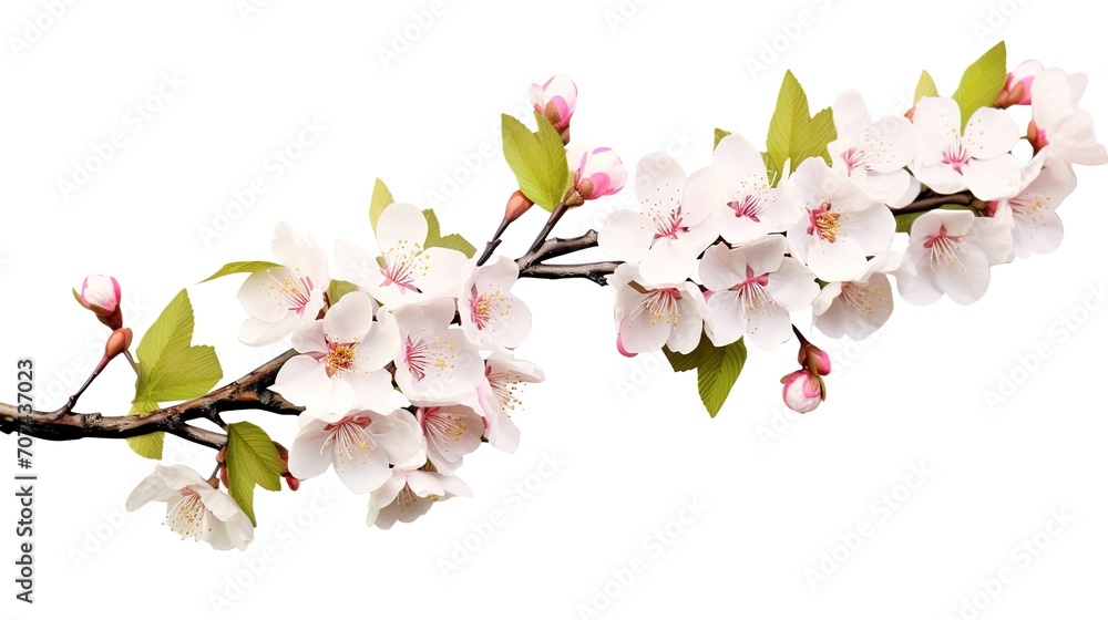 Obraz premium Spring sakura cherry blooming flowers bouquet. Isolated realistic pink petals, blossom, branches, leaves vector set. Design spring tree illustration, generative ai