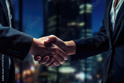 Illustration of a businessman shaking hands with a blurred background. generative AI