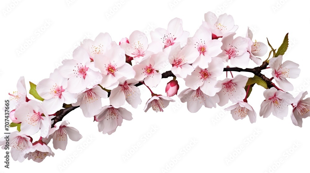 Spring sakura cherry blooming flowers bouquet. Isolated realistic pink petals, blossom, branches, leaves vector set. Design spring tree illustration, generative ai