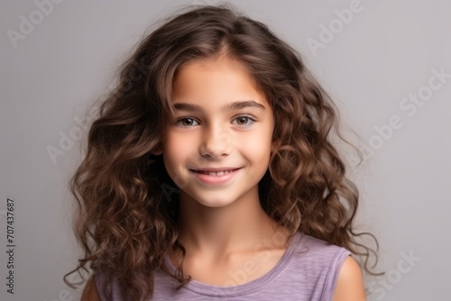 Portrait of a cute little girl with long curly hair on grey background