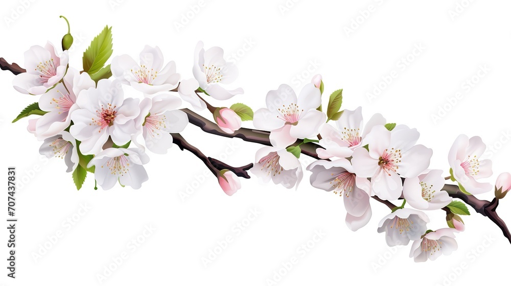 Spring sakura cherry blooming flowers bouquet. Isolated realistic pink petals, blossom, branches, leaves vector set. Design spring tree illustration, generative ai